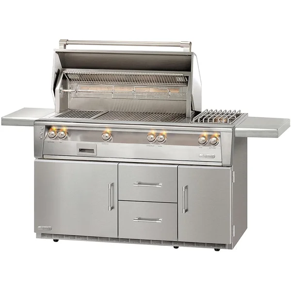 Alfresco ALXE 56-Inch Freestanding Propane Gas Deluxe Grill On Refrigerated Cart With Sear Zone, Rotisserie, And Side Burner - ALXE-56SZR-LP