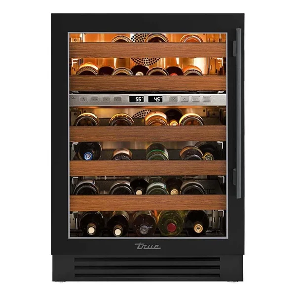 True 24 Inch 45 Bottle Left Hinge Glass Door Outdoor Dual Zone Wine Cabinet - Matte Black w/ Pewter Handle - TWC-24DZ-L-OG-C~DSK-027-H05