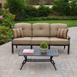 Elisabeth 2 Pc Cast Aluminum Seating Set w/ 42 X 21 Inch Series 80 Table & Throw Pillows in Antique Bronze/Sesame by Darlee