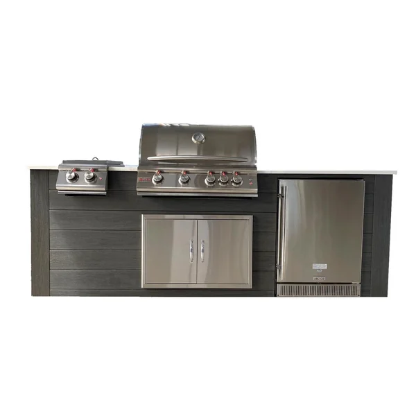 Pro-Fit 8-Foot Outdoor Kitchen Island W/ Blaze LTE 32-Inch Natural Gas Grill, Double Side Burner & Refrigerator - Onyx / Bianco Giulia A Satin