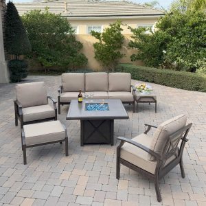 Atlantis 6 Pc Aluminum Fire Pit Seating Set w/ 2 Club Chairs, 2 Ottomans & Sofa in Walnut/Beige by Darlee