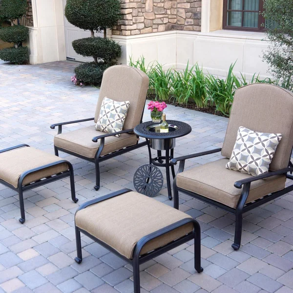 Elisabeth 5 Pc Cast Aluminum Seating Set w/ 21 Inch Round Ice Bucket End Table w/ Reclining Chairs , Ottomans & Throw Pillows in Antique Bronze/Sesame by Darlee