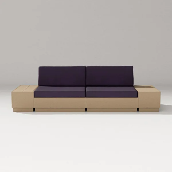 Elevate 4 Pc Recycled Plastic Loveseat Sectional Seating Set in Vintage Sahara/Navy Linen By PW Designer Series