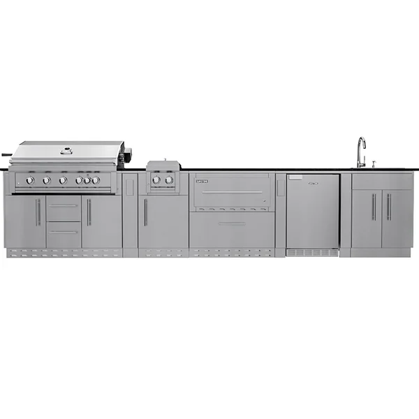 Sunstone Grills French Quarter 13 1/2 Ft Outdoor Kitchen Island w/ Natural Gas Grill & Sink, Refrigerator, Door & Drawer