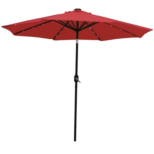 Ultimate Patio 9 Ft. Solar Lighted Octagonal Aluminum Patio Market Umbrella W/ Crank & Tilt - Black Frame & Red Polyester Canopy