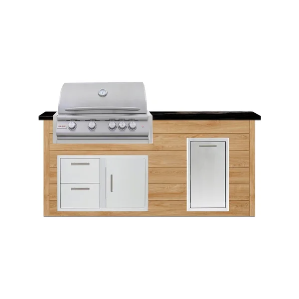 BBQGuys Signature 6 Ft Outdoor Kitchen Island w/ 32 Inch Natural Gas Blaze LTE+ Grill & Narrow Trash Bin | Sun Bleached Oak w/ Titanium Granite