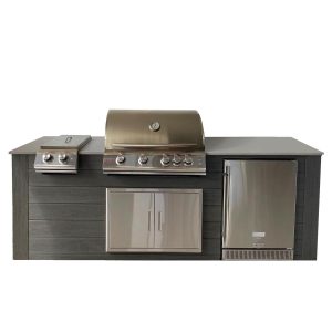 Pro-Fit 8-Foot Outdoor Kitchen Island W/ Blaze LTE 32-Inch Propane Gas Grill, Double Side Burner & Refrigerator - Onyx / Grigio Cemento Satin