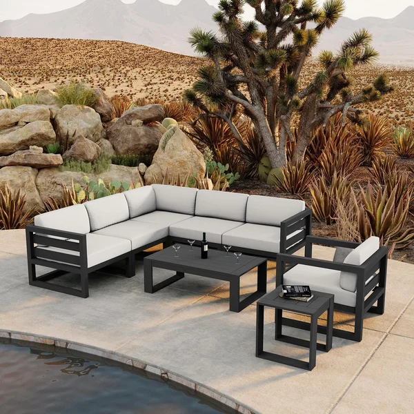 Misty Cove 8 Pc Aluminum Seating Set w/ Sectional in Slate/Canvas Natural by Lakeview Outdoor Designs