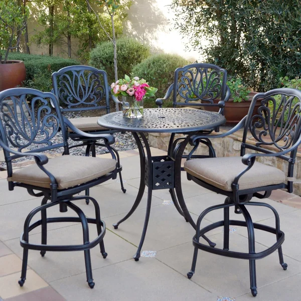 Elisabeth 5 Pc Cast Aluminum Counter Height Bar Set w/ 36 Inch Round Table in Antique Bronze/Sesame by Darlee