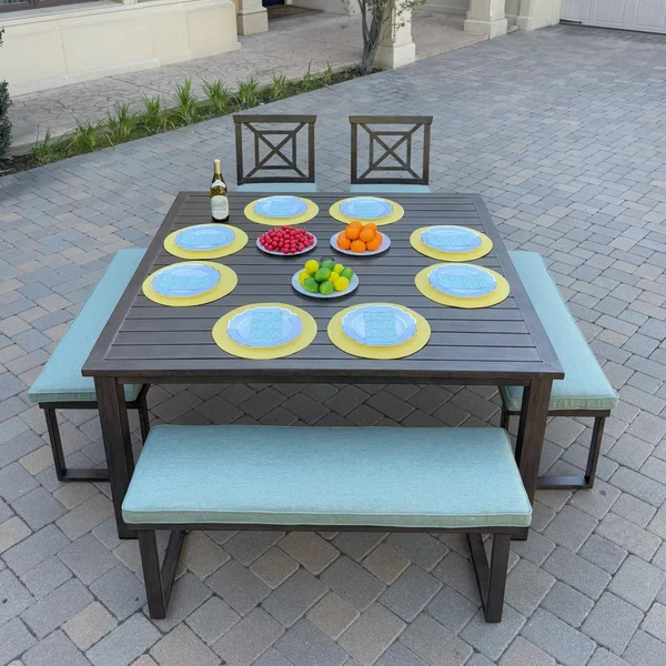 Atlantis 6 Pc Aluminum Dining Set w/ 2 Dining Side Chairs & 3 Two Person Benches in Walnut/Spa by Darlee