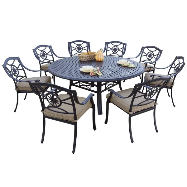Ten Star 9 Pc Cast Aluminum Dining Set w/ 71 Inch Round Series 99 Table in Antique Bronze/Sesame by Darlee