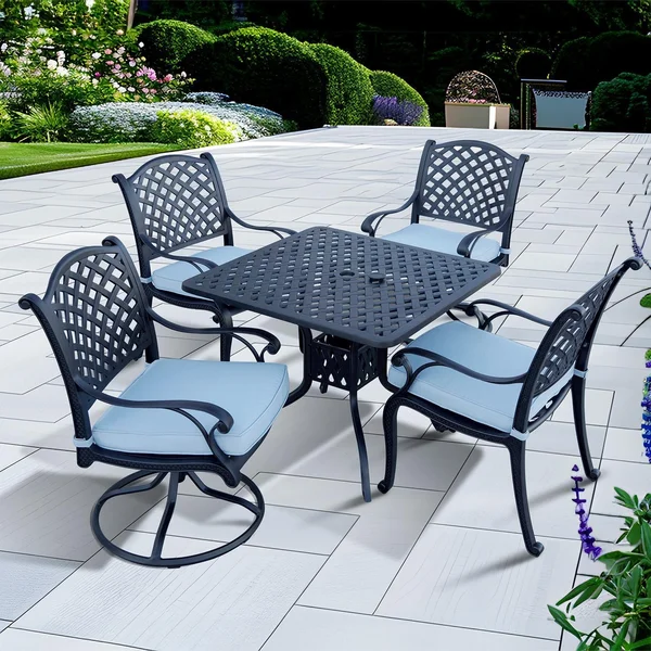 Nassau 5 Pc Cast Aluminum Dining Set w/ 36 Inch Square Series 30 Table & 2 Swivel Rockers in Antique Bronze/Sky Blue by Darlee
