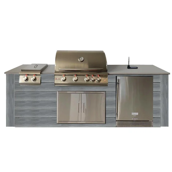 Pro-Fit 8-Foot Outdoor Kitchen Island W/ Blaze LTE 32-Inch Propane Gas Grill, Double Side Burner, Refrigerator & Beverage Dispenser - Driftwood Grey / Grigio Cemento Satin