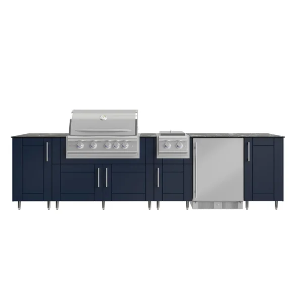 WeatherStrong Nassau 10 1/2 Ft Outdoor Kitchen Island w/ Blaze Natural Gas Grill, Side Burner & Refrigerator in Sapphire Blue/Midnight Ice