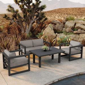 Misty Cove 4 Pc Aluminum Seating Set w/ Portal Coffee Table Slate/Canvas Charcoal by Lakeview Outdoor Designs