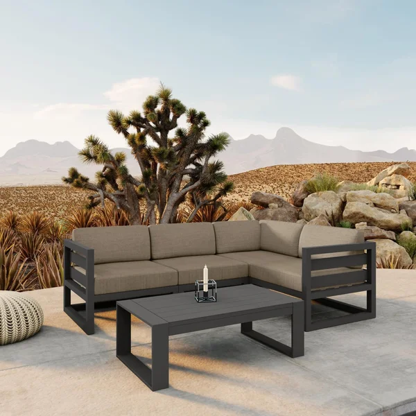 Misty Cove 5 Pc Aluminum Seating Set w/ Sectional & Portal Coffee Table in Slate/Heather Beige by Lakeview Outdoor Designs