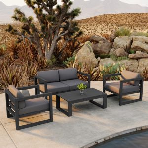 Misty Cove 4 Pc Aluminum Seating Set w/ Portal Coffee Table in Slate/Canvas Charcoal by Lakeview Outdoor Designs