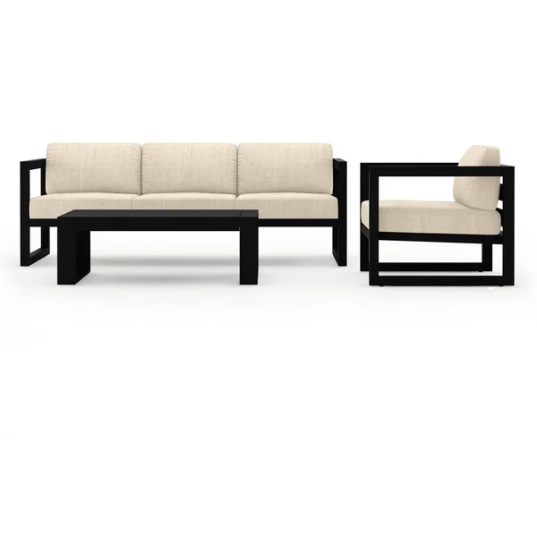 Misty Cove 3 Pc Aluminum Seating Set w/ Sofa & Portal Coffee Table in Black/Canvas Flax by Lakeview Outdoor Designs