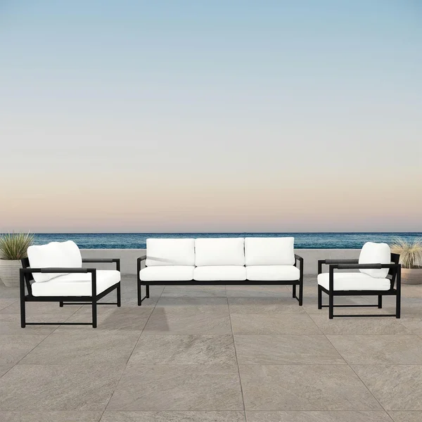 Avenue Bay 3 Pc Aluminum Sofa Seating Set in Black/Canvas Natural by Lakeview Outdoor Designs