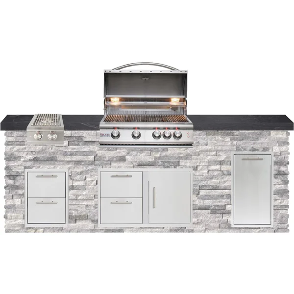 BBQGuys Signature 8ft Luxury Outdoor Island W/ Blaze LTE 32-Inch Natural Gas Grill & Double Side Burner - Alaska Gray Stone W/ Black Polished Granite