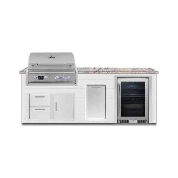 BBQGuys Signature 8 Ft Outdoor Kitchen Island w/ 32 Inch Propane Blaze LTE PRO Grill, Beverage Center & Narrow Trash Bin | Crystal White w/ White Granite