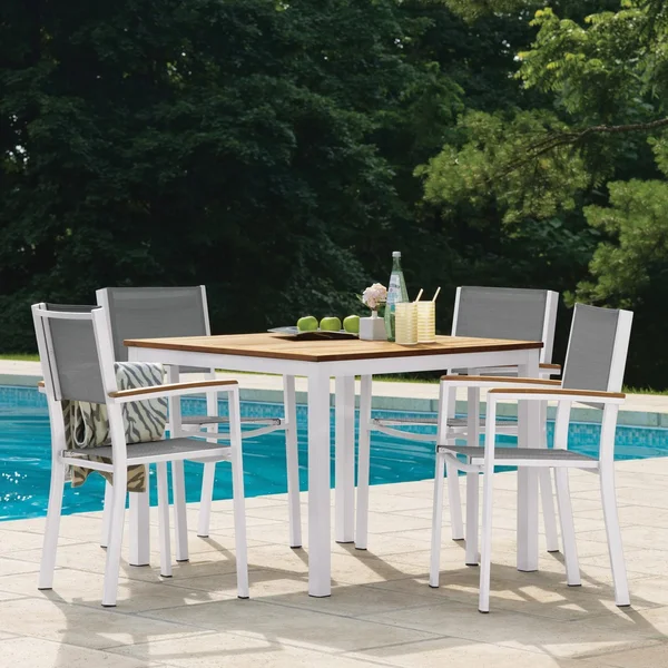 Travira 5 Pc Composite Sling & Aluminum Dining Set W/ Natural Tekwood Arm Caps & Table Top in Chalk/Titanium By Oxford Garden