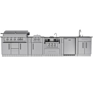 Sunstone Grills Hill Country 13 1/2 Ft Outdoor Kitchen Island w/ Natural Gas Grill & Side Burner, Sink, Refrigerator, Door & Drawer
