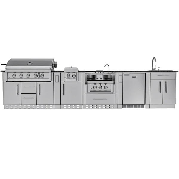 Sunstone Grills Hill Country 13 1/2 Ft Outdoor Kitchen Island w/ Natural Gas Grill & Side Burner, Sink, Refrigerator, Door & Drawer