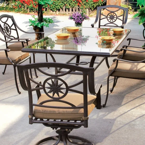 Ten Star 7 Pc Cast Aluminum Dining Set w/ 72 X 42 Inch Series 50 Table & 2 Swivel Rockers in Antique Bronze/Sesame by Darlee