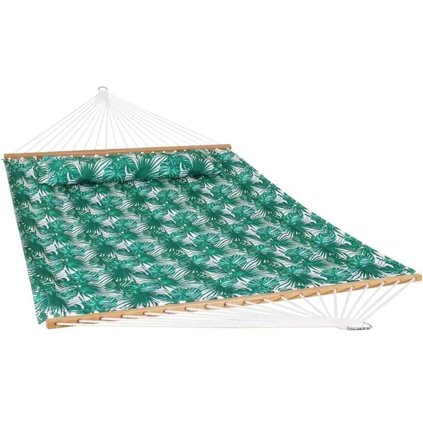 Ultimate Patio Quilted Double Hammock & Pillow - Green Palm Leaves