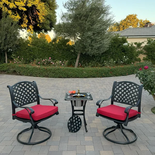 Nassau 3 Pc Cast Aluminum Conversation Set w/ Rocker and Ice Bucket in Antique Bronze w/ Red Cushions By Darlee