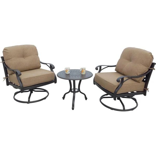 Nassau 3 Pc Cast Aluminum Seating Set w/ 24 Inch Table & Swivel Rockers in Antique Bronze/Sesame by Darlee