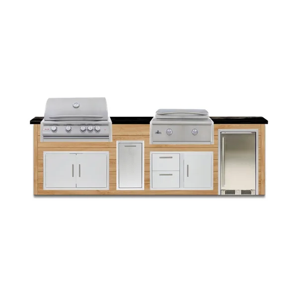 BBQGuys Signature 10 Ft Outdoor Kitchen Island w/ 32 Inch Natural Gas Blaze LTE+ Grill & Griddle & Narrow Trash Bin | Sun Bleached Oak w/ Titanium Granite