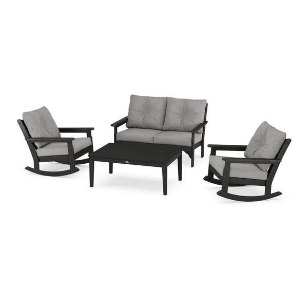 Vineyard 4 Pc Recycled Plastic Seating Set w/ Rocking Chairs in Black/Gray Mist by POLYWOOD