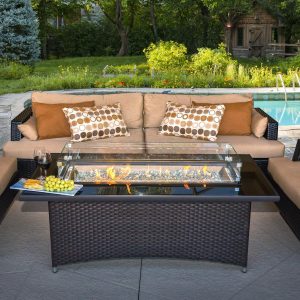 Laneville 60 Inch Rectangular Wicker Natural Gas Fire Pit Table in Brown with Direct Spark Ignition By Lakeview Outdoor Designs
