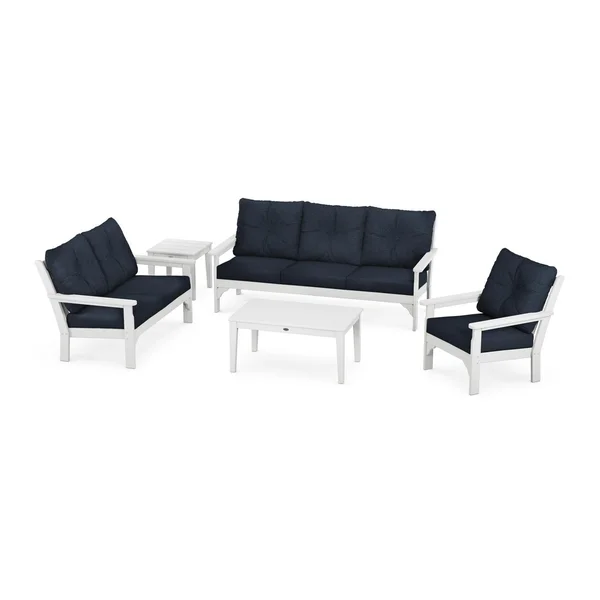 Vineyard 5 Pc Recycled Plastic Sofa Seating Set in White/Marine Indigo by POLYWOOD