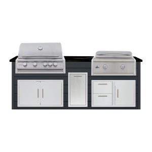BBQGuys Signature 8 Ft Outdoor Kitchen Island w/ 32 Inch Natural Gas Blaze LTE+ Grill & Griddle & Narrow Trash Bin | Asphalt Gray w/ Titanium Granite