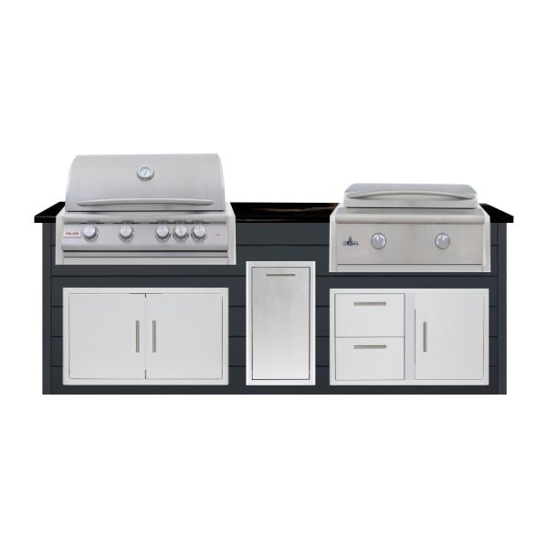 BBQGuys Signature 8 Ft Outdoor Kitchen Island w/ 32 Inch Natural Gas Blaze LTE+ Grill & Griddle & Narrow Trash Bin | Asphalt Gray w/ Titanium Granite