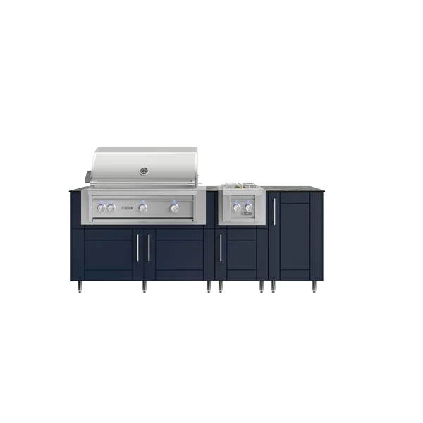 WeatherStrong Abaco 7 Ft Outdoor Kitchen Island w/ Lynx Natural Gas Grill & Side Burner in Sapphire Blue/Midnight Ice
