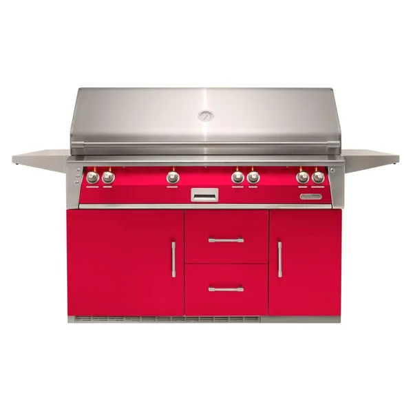 Alfresco ALXE 56-Inch Freestanding Natural Gas All Grill On Refrigerated Cart With Sear Zone And Rotisserie in Raspberry Red - ALXE-56BFGR-NG-S3027