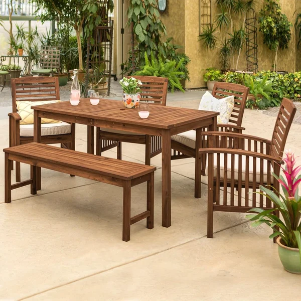 Ultimate Patio Horizon Way 6 Piece Dark Brown Acacia Patio Dining Set W/ 60 X 34 Inch Rectangular Table & Natural Cushions