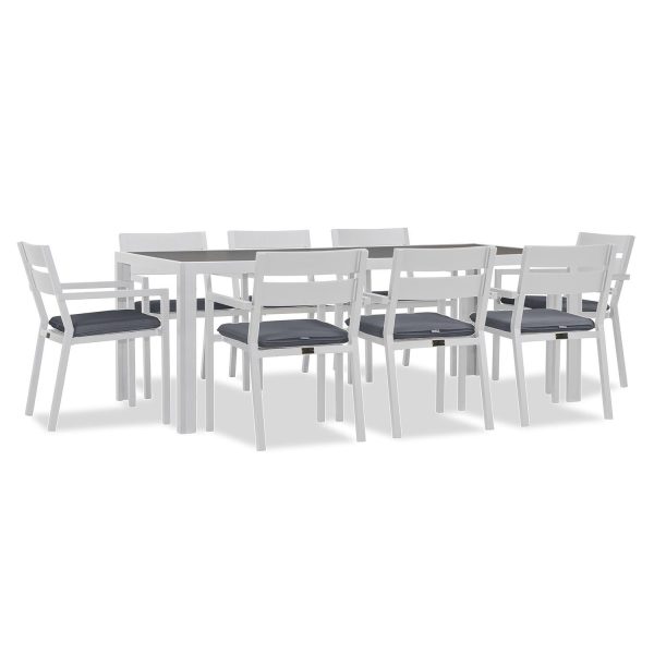 Calm Bay 9 Pc Rectangular Aluminum Dining Set in White/Canvas Charcoal by Lakeview Outdoor Designs