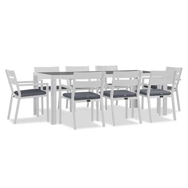 Calm Bay 9 Pc Rectangular Aluminum Dining Set in White/Canvas Charcoal by Lakeview Outdoor Designs