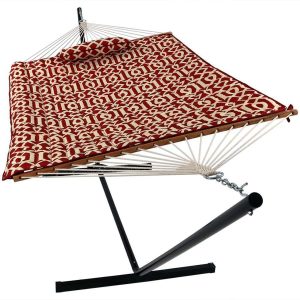 Ultimate Patio Rope Hammock w/ 12-Foot Stand, Pad, & Pillow - Royal Red