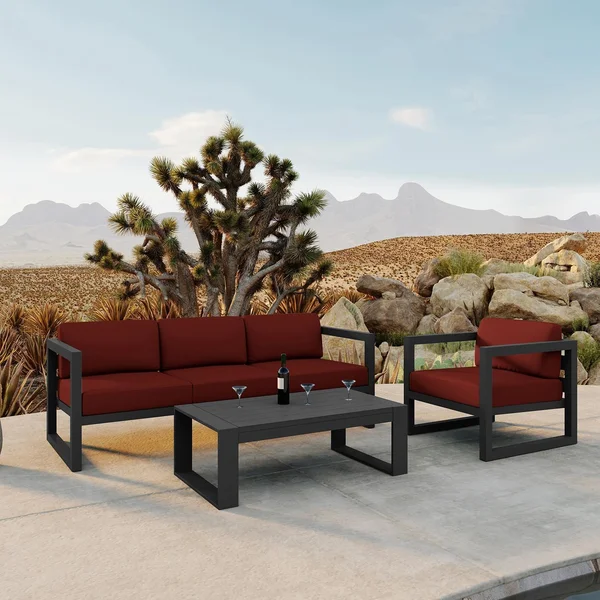 Misty Cove 3 Pc Aluminum Seating Set w/ Sofa & Portal Coffee Table in Slate/Canvas Henna by Lakeview Outdoor Designs