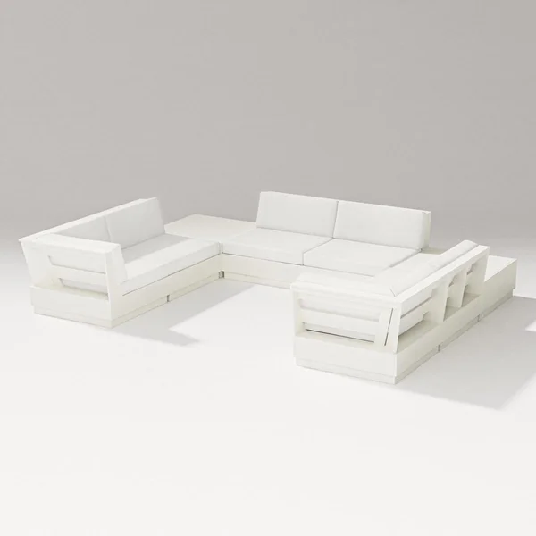Elevate 8 Pc U-shaped Recycled Plastic Sectional Seating Set in Vintage White/Natural Linen By PW Designer Series