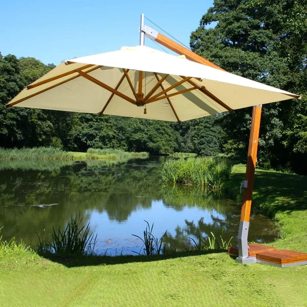 Bambrella 11 Ft. Square Bamboo Levante Side Wind Umbrella Set w/ 484 Lb. Base System in Ecru