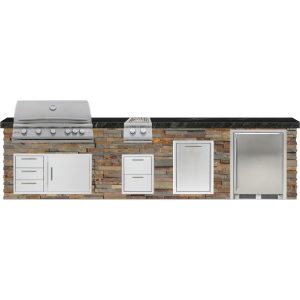 BBQGuys Signature 12 Ft Outdoor Kitchen Island w/ 40 Inch Natural Gas Blaze LTE+ Grill, Double Side Burner, Refrigerator & Double Trash Bin | Gold Rush w/ Black Granite