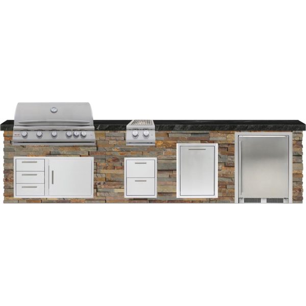 BBQGuys Signature 12 Ft Outdoor Kitchen Island w/ 40 Inch Natural Gas Blaze LTE+ Grill, Double Side Burner, Refrigerator & Double Trash Bin | Gold Rush w/ Black Granite