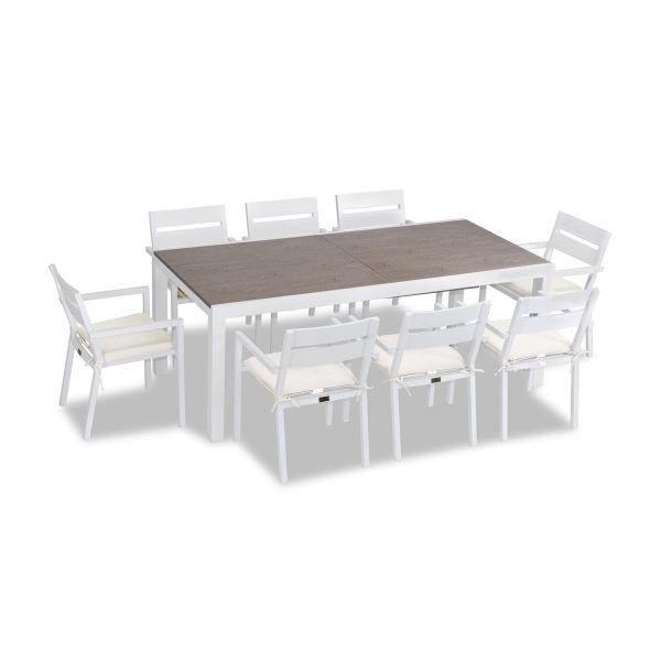 Calm Bay 9 Pc Extendable Aluminum Dining Set in White/Barnwood/Canvas Natural by Lakeview Outdoor Designs